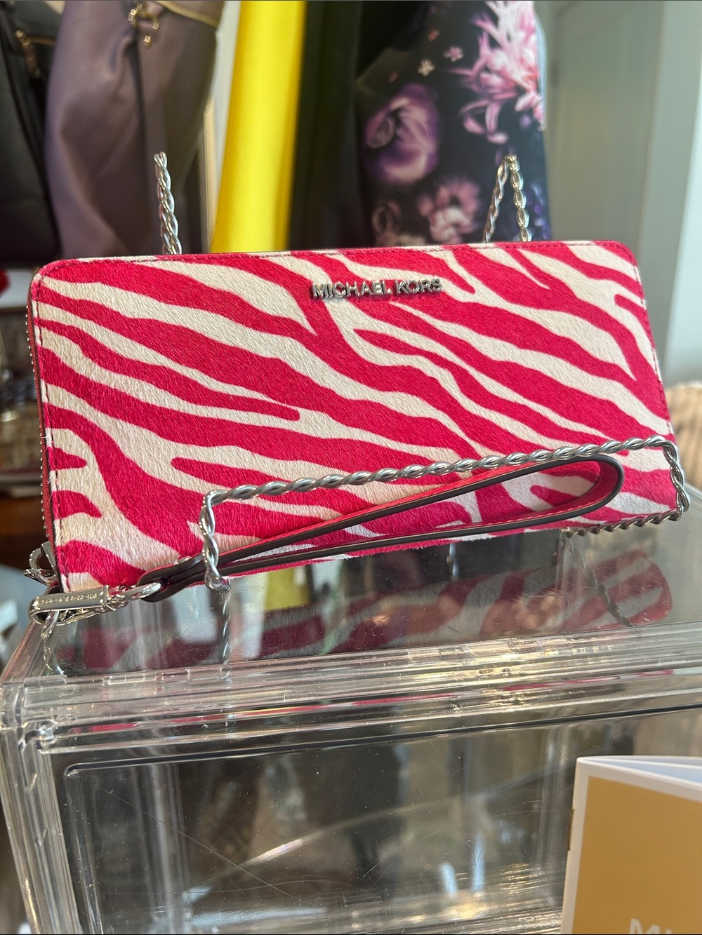 Michael Kors Dragon Fruit Zebra-Print Calf-Hair Leather Wristlet 8.5”x 4” NWT - Picture 4 of 7